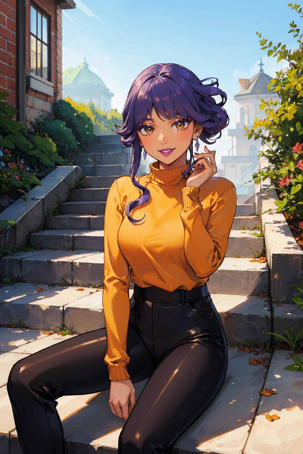 masterpiece, best quality, <lora:tulip-nvwls-v1-000009:0.9> pkmnlip, brown eyes, purple hair, dark skin, lipstick, earring, orange sweater, turtleneck, black pants, smile, blue sky, stairs, sitting