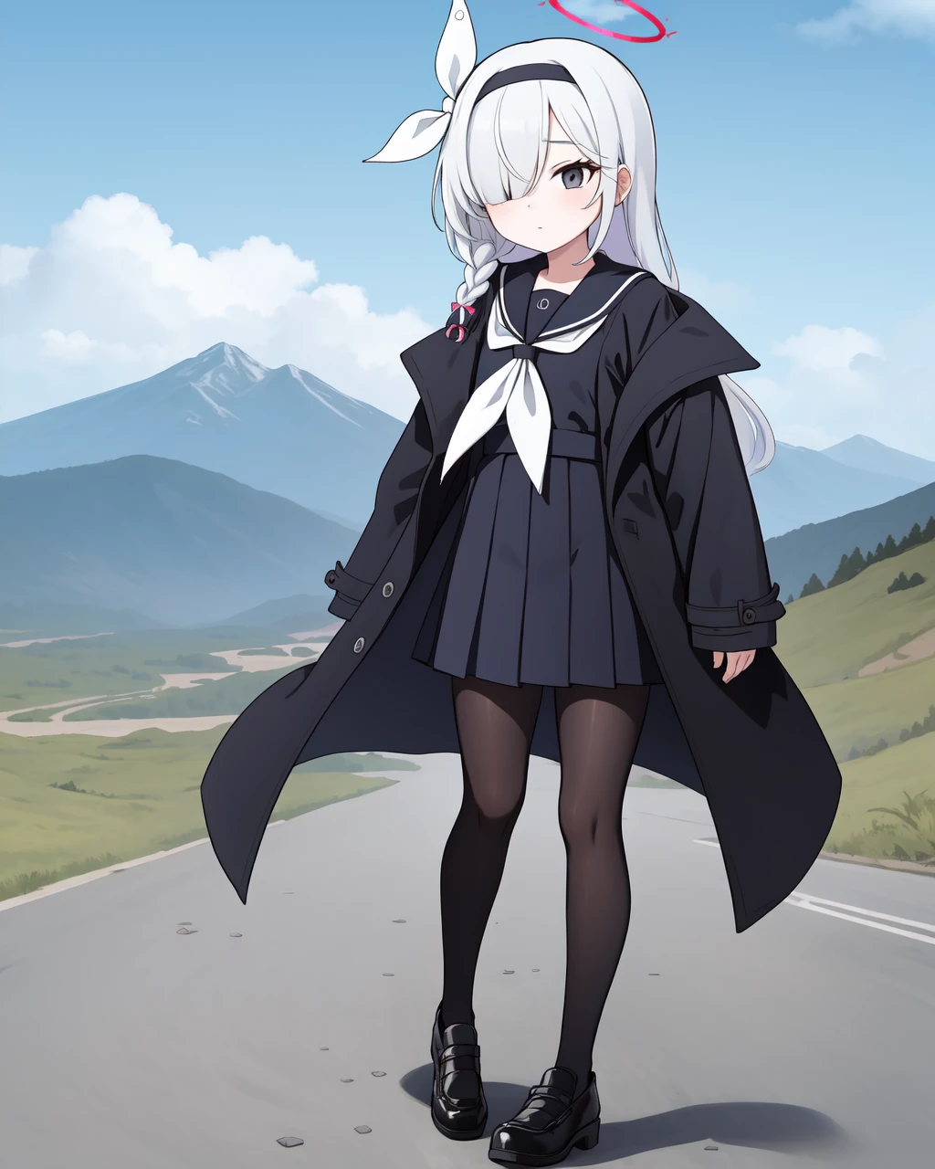 1girl, solo, long hair,  bangs, skirt, long sleeves, ribbon,  school uniform,  grey eyes, jacket,  hair ribbon,  braid, white hair, pantyhose, pleated skirt, hairband, open clothes,  black skirt, sailor collar, black footwear, hair over one eye, coat, neckerchief, sleeves past wrists, black pantyhose, , halo,  black coat, plana (blue archive), , standing, outdoors, mountain, sky, 8K, masterpiece, beautiful