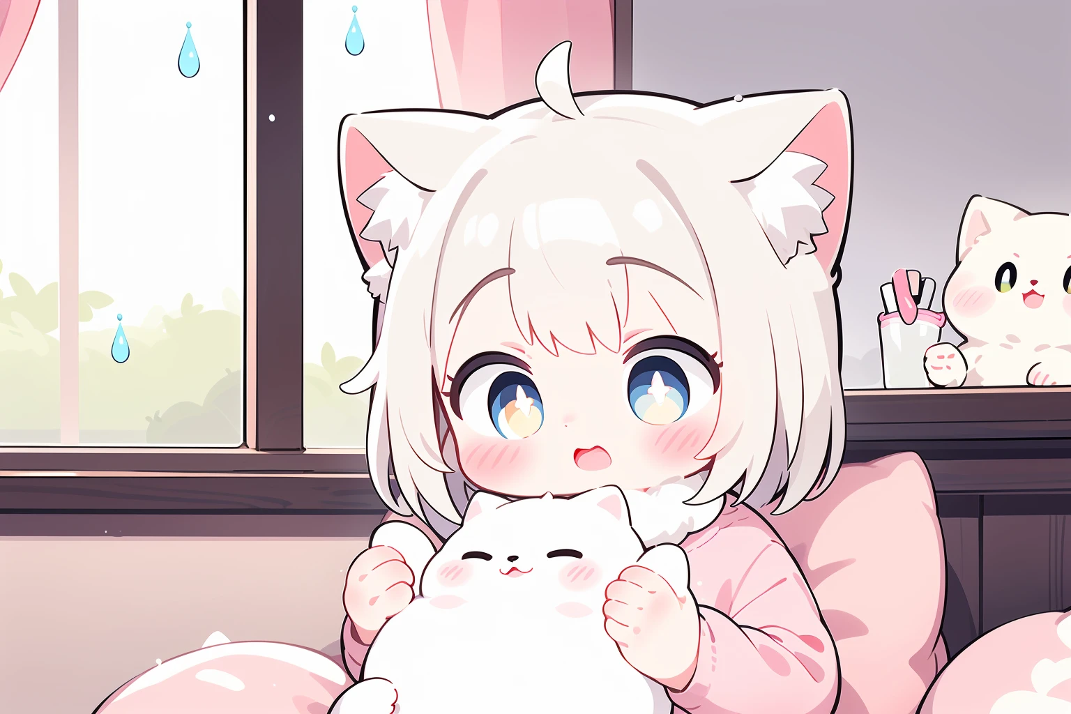 ,  Pastel colour anime illustration,  a girl with white hair and cat ears is holding a small white cat while sitting on a fluffy white cushion scattered around the room. The room is filled with warm light,  and the sound of raindrops gently tapping on the window glass can be heard. The girl looks out the window with a surprised expression,  and the cat sleeps peacefully on her lap. The background is a soft pink with white sparkles,  highlighting the girl and the cat against the simple backdrop. The contrast between the background colour and the white fur of the girl and cat enhances their cuteness.