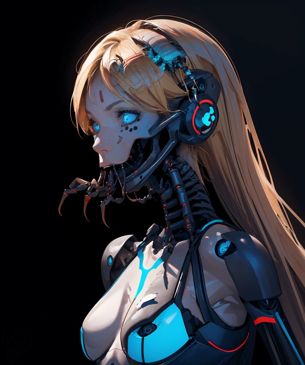 a woman, dark theme, bacterial,cyborg, robot joints, ribs, skeleton, bone, spine, ((upper body)), <lora:bacterial_contamination-10:1>, <lora:LowRA:0.8>, layered hair, medium blonde hair, close set eye shape, grey-blue eyes, beauty mark, medium breasts, (cognitive, dramatic, enchanting, imaginary, methodological:1.3), beautiful