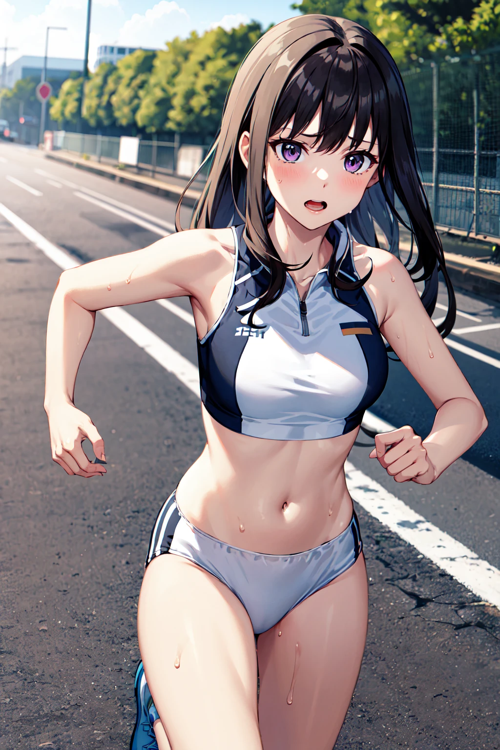 ponytail、Nipples、tits、Track uniform、Athletics、Sports Bra、stockings、Insert the penis into the、Open your legs while crouching、Perfect body、Semen overflows from pussy、Surrounded by a large group of men、From below