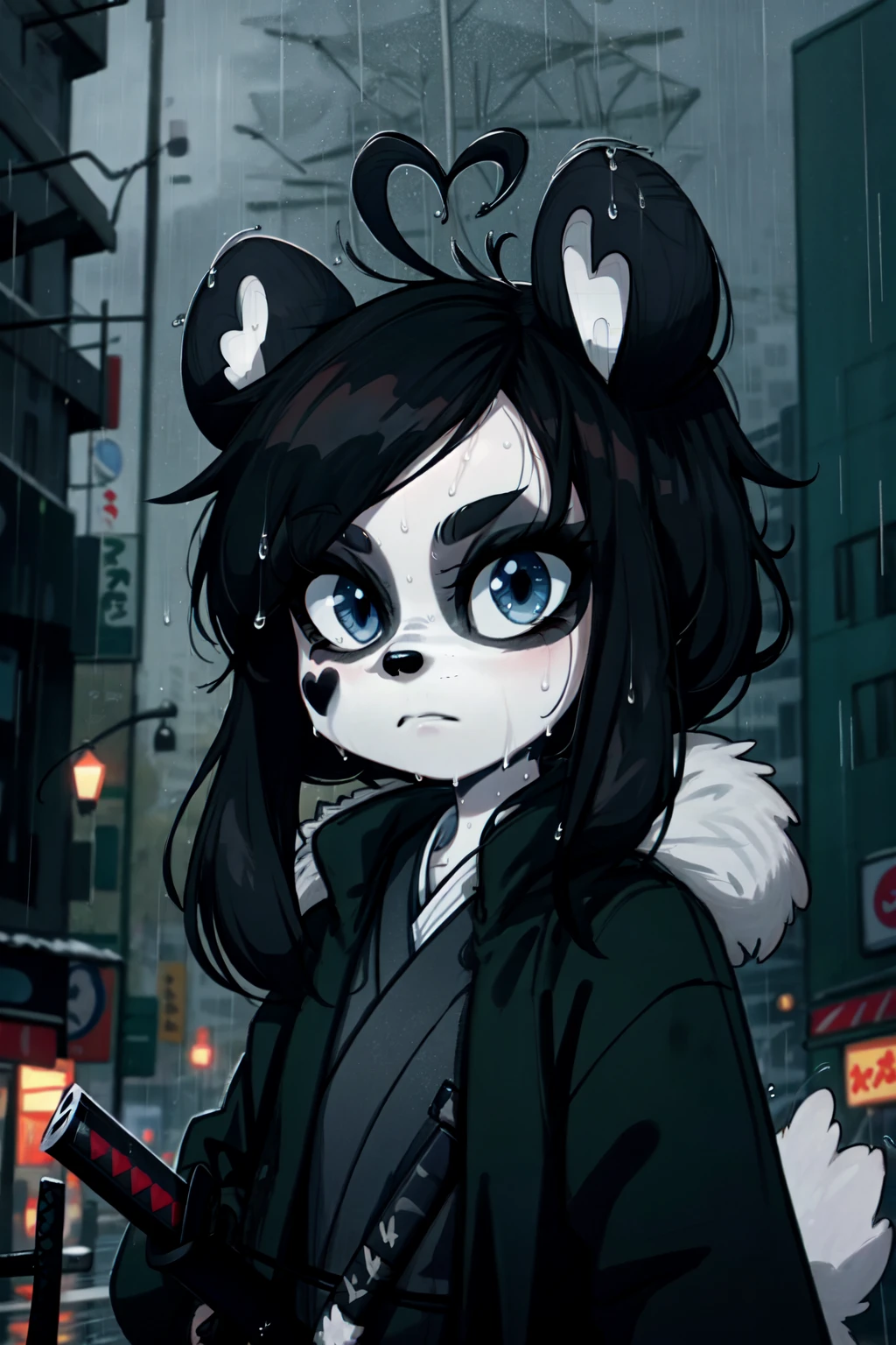 kenny \(kenashcorp\), 1girl, (panda, panda girl,), furry, panda ears, heart ahoge, animal nose, black fur, white fur, black arms, eyes makeup, blue eyes, panda tail, cheek heart, black hair, medium hair, black coat, long coat, outdoors, city, night, rain, raining, wet, holding katana, katana, expressionless, upper body, squinting <lora:Kenny_Ashcorp:1>,