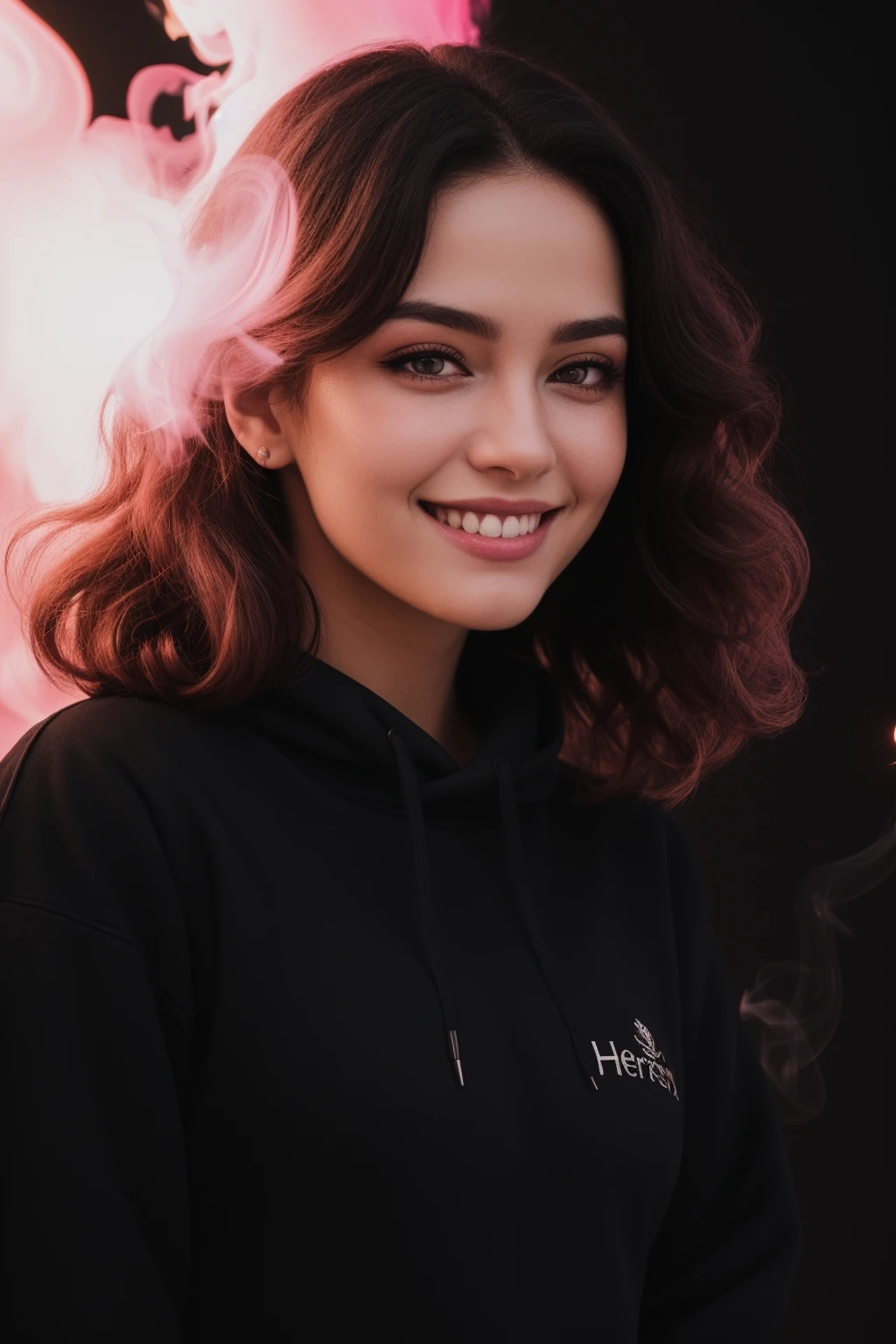 21yo ((Black Theme, Black backdrop:1.4)) (Close-Up Shot, headshot:1.4) (red long curls :1.4)wearing (Black sweatshirt :1.4) 35mm, F/2.8 ((Photo Focus, DOF, Aperture, insanely detailed and intricate, character, hypermaximalist, elegant, ornate, beautiful, exotic, revealing, appealing, attractive, amative, hyper realistic, super detailed, heresy flares)) (smiling at viewer:1.3)(volumetric pink smoke:1.3) (pink lens flare:1.2)(sharpness:1.3)(details:1.3),hands behind back