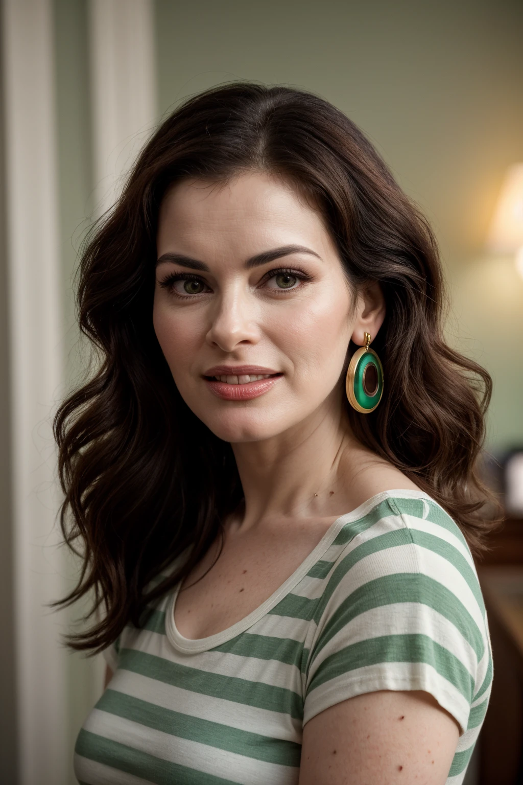 photo of (EPN1g3ll4L4ws0n:0.99), a beautiful woman, closeup portrait, perfect hair, (modern photo, green Striped t-shirt with wide, colorful stripes in complementary shades), 24mm, (analog, cinematic, film grain:1.3), smiling, (dining room, gradient:1.2), detailed eyes, (seductive pose), (epicPhoto), (looking at viewer), earrings