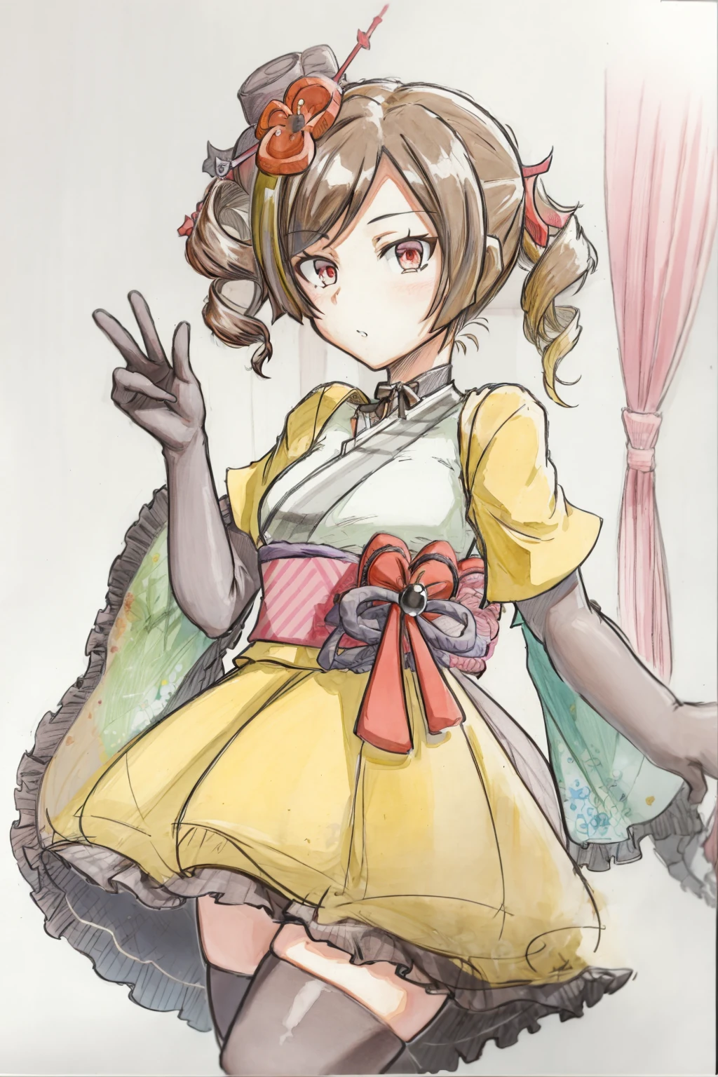 masterpiece, best quality,<lora:style18-v2:1>,watercolor \(medium\), traditional media, 
 <lora:chiori:1>,chiori, 1girl, brown hair, drill hair, hair ornament,hair flower, flower, red eyes, elbow gloves,short sleeves,wide sleeves, japanese clothes, kimono, pleated skirt, dress,black thighhighs,