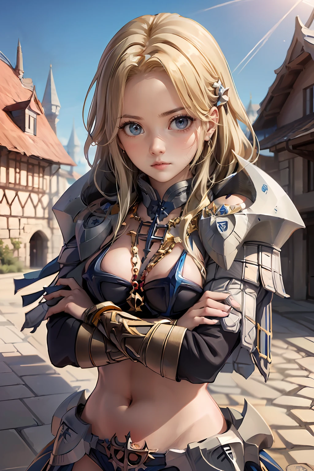 (masterpiece, best quality), 1girl, blonde hair, blue eyes, ragnarok_online_rg <lora:ragnarok_online_rg-10:1>, crossed arms, bikini armor, close-up, looking at viewer, castle background