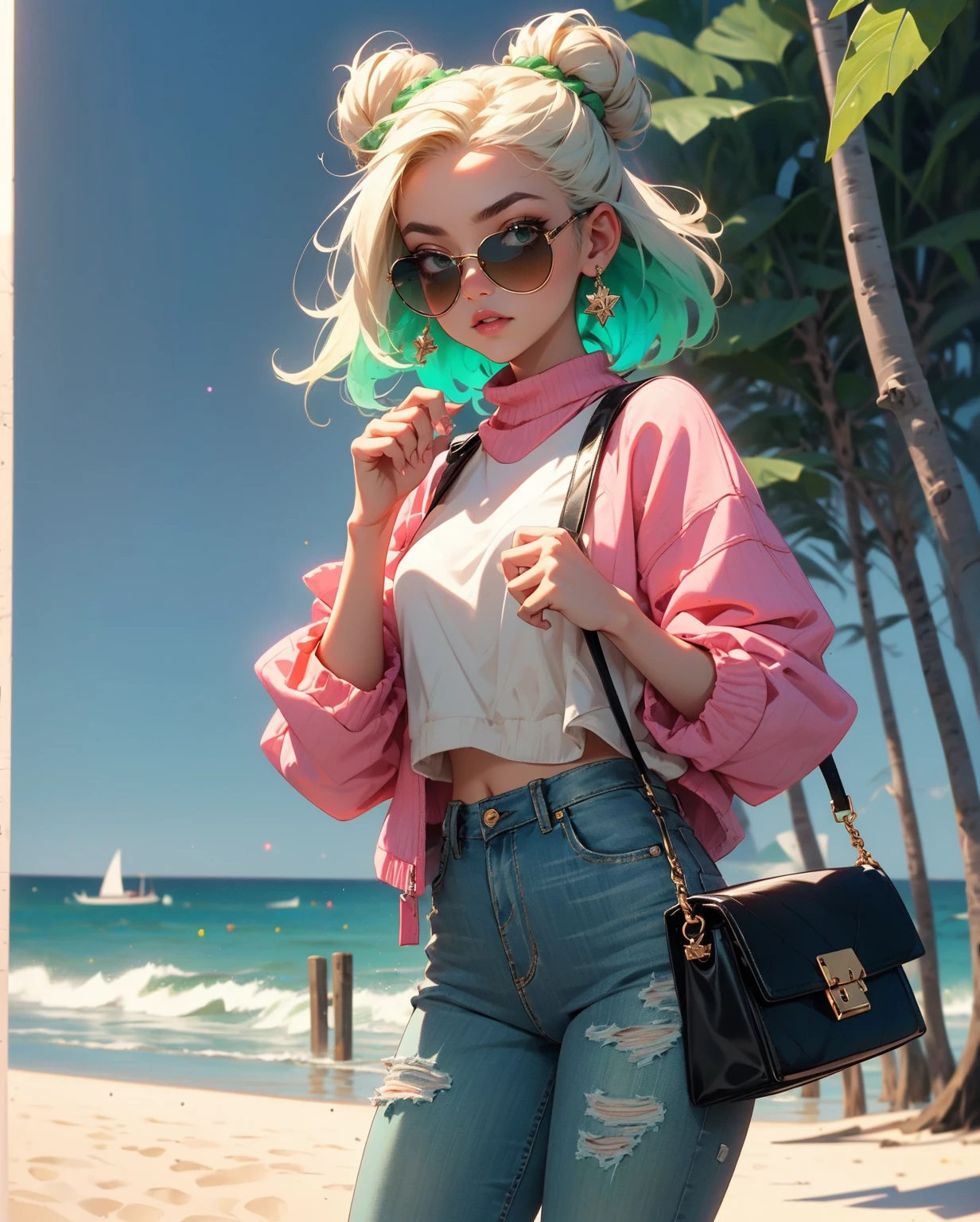 Female, woman, Striped Crew Neck Sweater in Soft Pastels, Distressed Boyfriend Jeans in Light Wash, Canvas Sneakers in Pastel Pink, Sunglasses in Tortoiseshell, Space Bun Braids hairstyle (Cilantro Cream, Beach Cabana color background:1.3), Female, woman, Designer Ruffled Blouse in Elegant Blush Pink, Chic Faux Suede Biker Jacket by High-end Brand in Sophisticated Taupe, Premium High-waisted Skinny Jeans in Black, Luxury Pointed-toe Ankle Boots in Black Leather, Designer Crossbody Bag in Luxurious Blush Pink, Double Dutch Braids hairstyle (Green Paw Paw, Dustwallow Marsh color background:1.3)