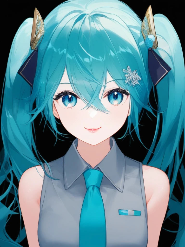 <lora:dan_1w:1>,solo, 1girl, hatsune miku, black background, upper body, looking at viewer, smile, closed mouth, lips, blue eyes, hair between eyes, aqua eyes, eyelashes, long hair, aqua hair, blue hair, short hair, twintails, bangs, hair ornament, sleeveless shirt, collared shirt, grey shirt, aqua necktie, blue necktie, bare shoulders, detached sleeves