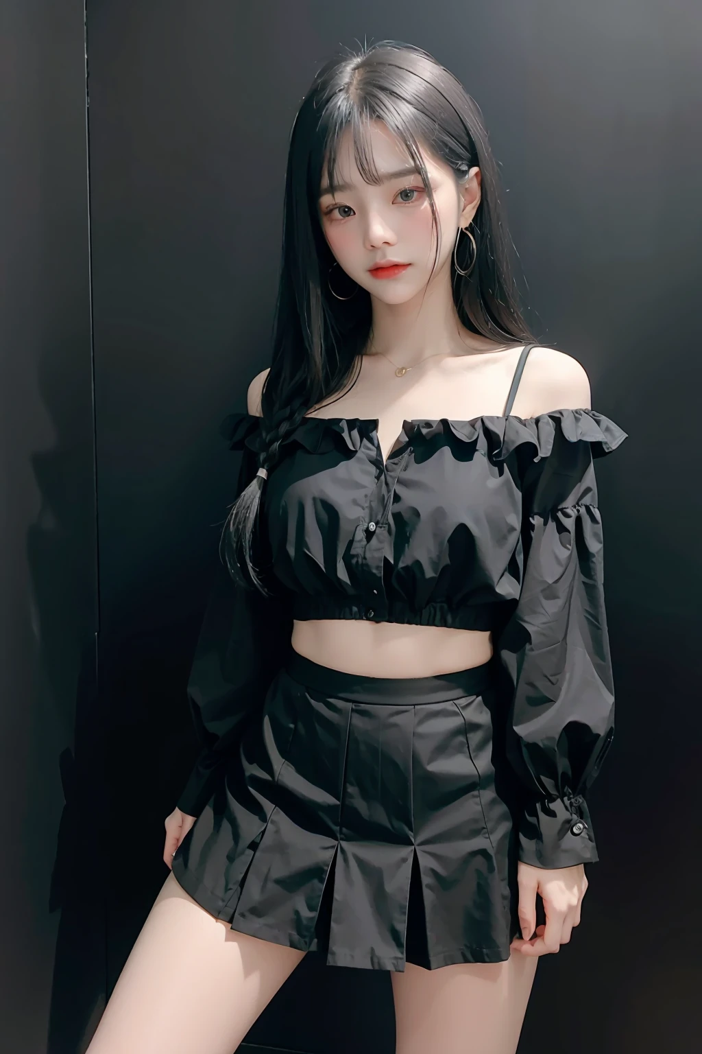 1girl,hair with bangs,black blouse and black skirt, ,white background, <lora:Mimi-02:1>
