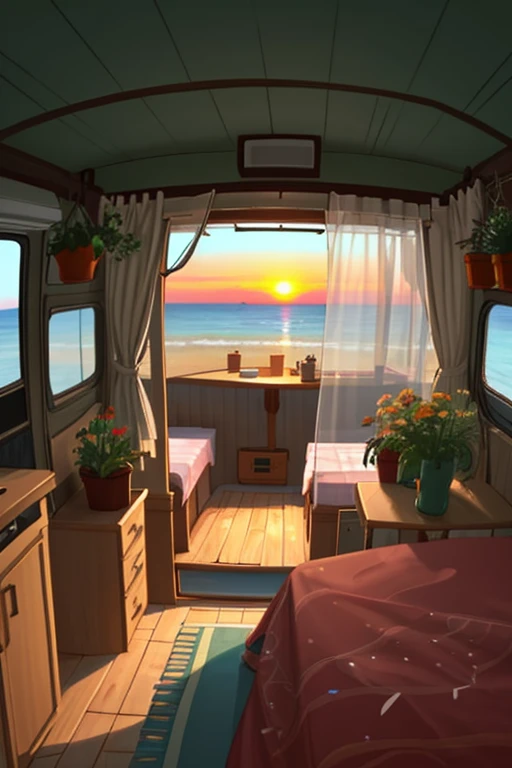 inside a cozy campervan, comfy bed and warm blanket, plants, flowers, decoration, view from the back on quiet beach, sunrise, peaceful, vibrant colors, lineart