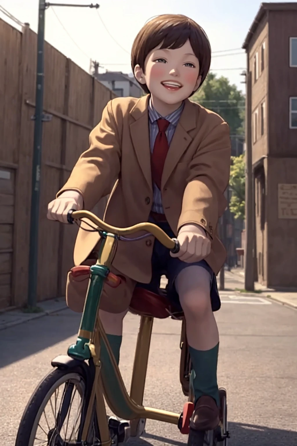 masterpiece, best quality, highly detailed, (perfect lighting, photorealistic:1.5), 1boy, mannequin, <lora:Mikey_Fuccon_v1-000185:0.7>, (full body:1.5), residential street, (brown jacket:1.3), suit jacket, necktie, blue shorts, green striped socks, black shoes, multicolored clothes, multicolored legwear, big smile, teeth, blue eyes, forehead, short hair, (open mouth:0.3), (riding a bicycle:1.5), from side,