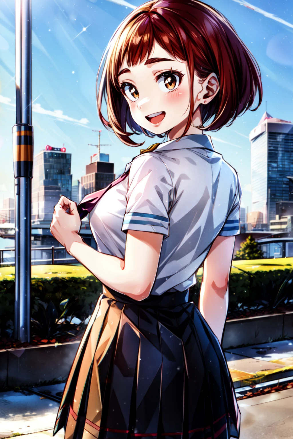 (best quality:1.2), 1girl, (masterpiece:1.2), raytracing, cute face, perfect face, ultra detailed,detailed face, 8k wallpaper, wide hips, <lora:more_details:0.4>, <lora:UrarakaOchako_NDV:0.7>, UrarakaOchako_NDV, 1girl, brown eyes, brown hair, large breasts, short hair, blush stickers, standing, outdoor, city, smile, open mouth, school uniform, skirt, shirt, tie, from behind