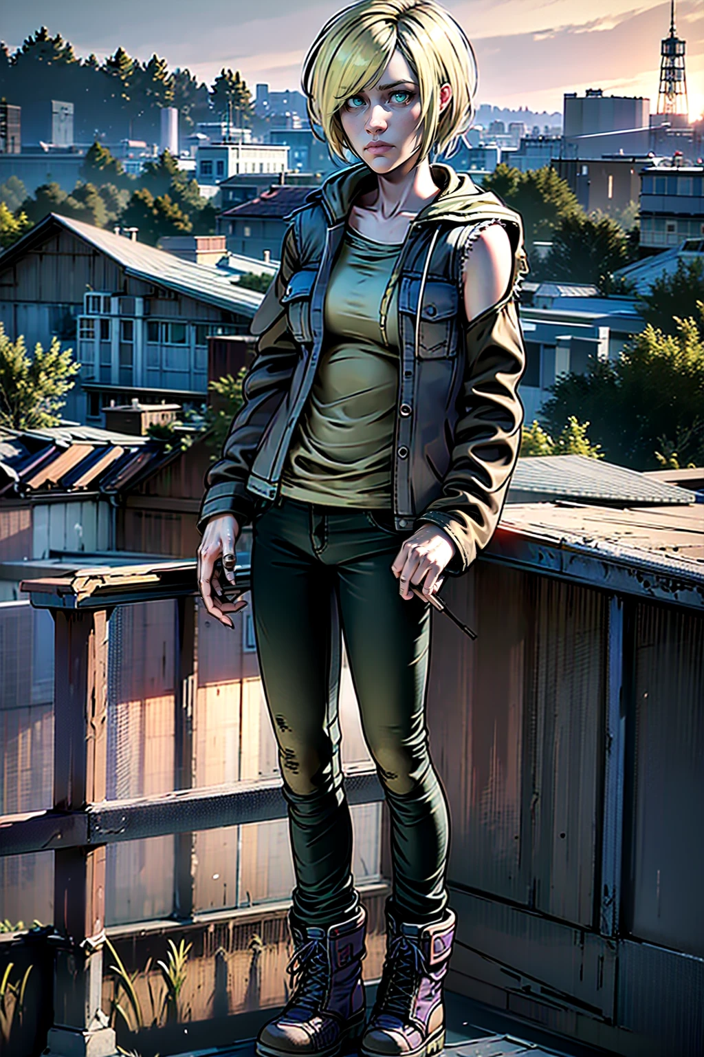 1girl, blonde hair, closed mouth, sleeveless denim jacket, green eyes, hood, looking at viewer, purple shoe laces, realistic, solo, violettwd, long sleeves, green eyes, beautiful eyes, masterpiece, high res, <lora:VioletV1.4:0.8>, pants, standing on rooftop