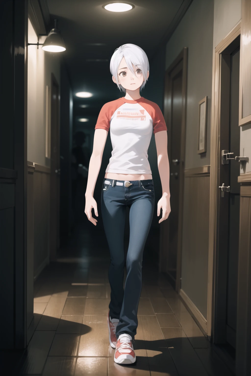 <lora:acashley-000045:1> ashley mizuki robbins, (raglan sleeves:1.1), short sleeves, cropped shirt, denim,
1girl, solo, flashlight, horror \(theme\), hallway, walking, dark, dim, indoors