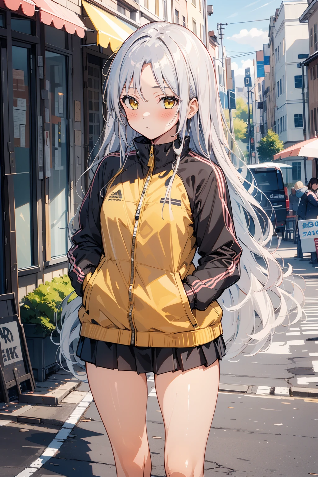 1girl, solo, BREAK outdoors, street, looking at viewer, (masterpiece:1.2), best quality, high resolution, unity 8k wallpaper, (illustration:0.8), (perfect hands, perfect anatomy), standing, blush, shiny hair, shiny skin, (parted bangs:1.2), kanade tachibana, silver hair, long hair, bangs, yellow eyes, yellow jacket, track jacket, long sleeves, skirt, hand on pocket, expressionless, 