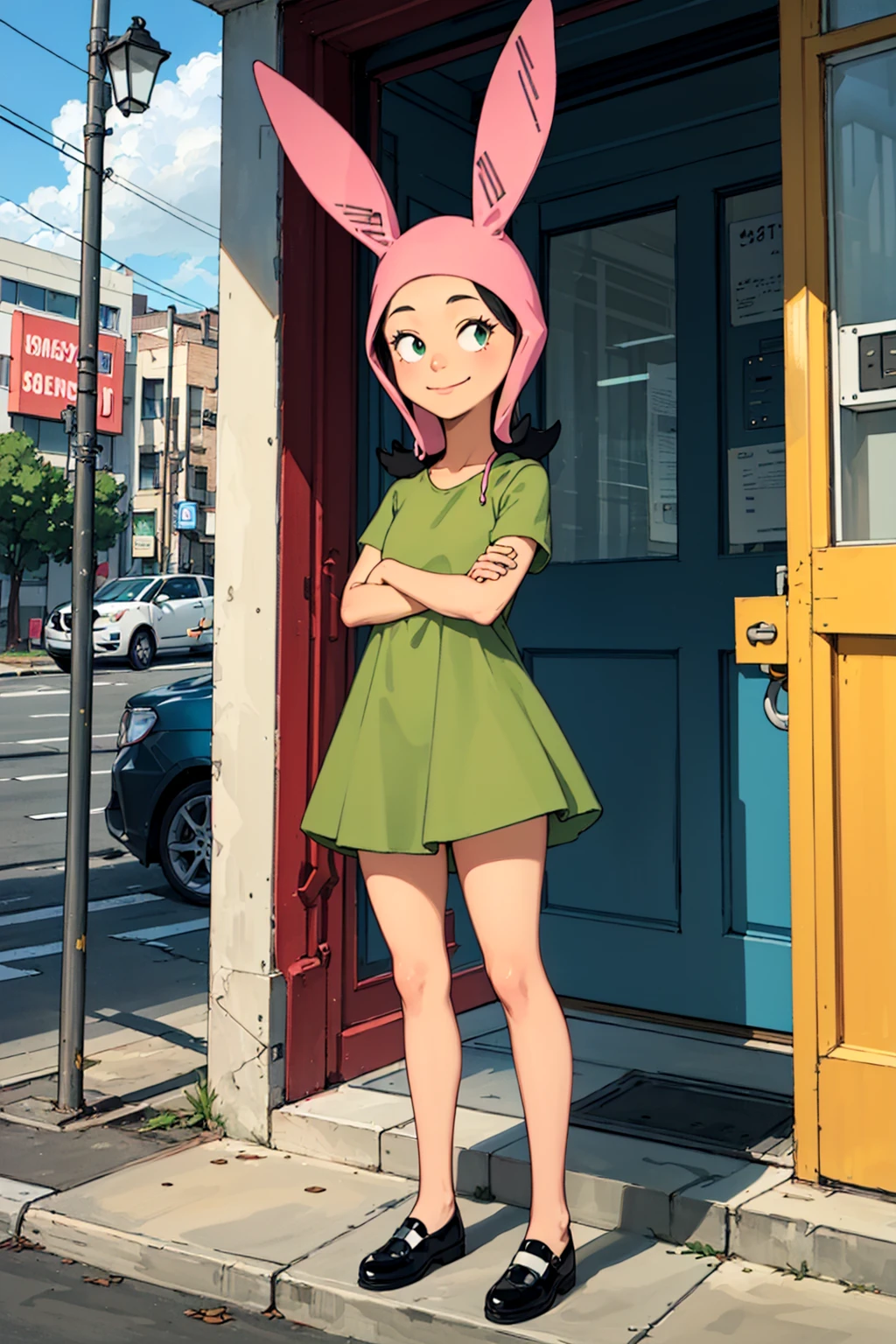 louise, 1girl, solo, rabbit hood, black hair, smile,green dress,looking at viewer, black footwear,crossed arms, <lora:louise-000008:0.5>