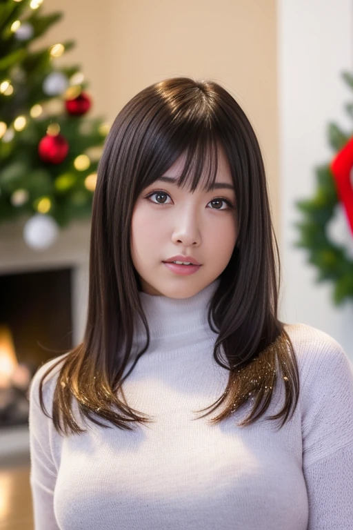 1girl,(wearing a turtleneck sweater),(winter jacket),(RAW photo, best quality), (realistic, photo-realistic:1.4), masterpiece, an extremely delicate and beautiful, extremely detailed, 2k wallpaper, Amazing, finely detail, extremely detailed CG unity 8k wallpaper, ultra-detailed, highres, soft light, beautiful detailed girl, extremely detailed eyes and face, beautiful detailed nose, beautiful detailed eyes,cinematic lighting,snow scenery,fireplace,(christmas tree,christmas decorations),perfect anatomy,
 <lora:yutori_lora:0.8>,hair with bangs