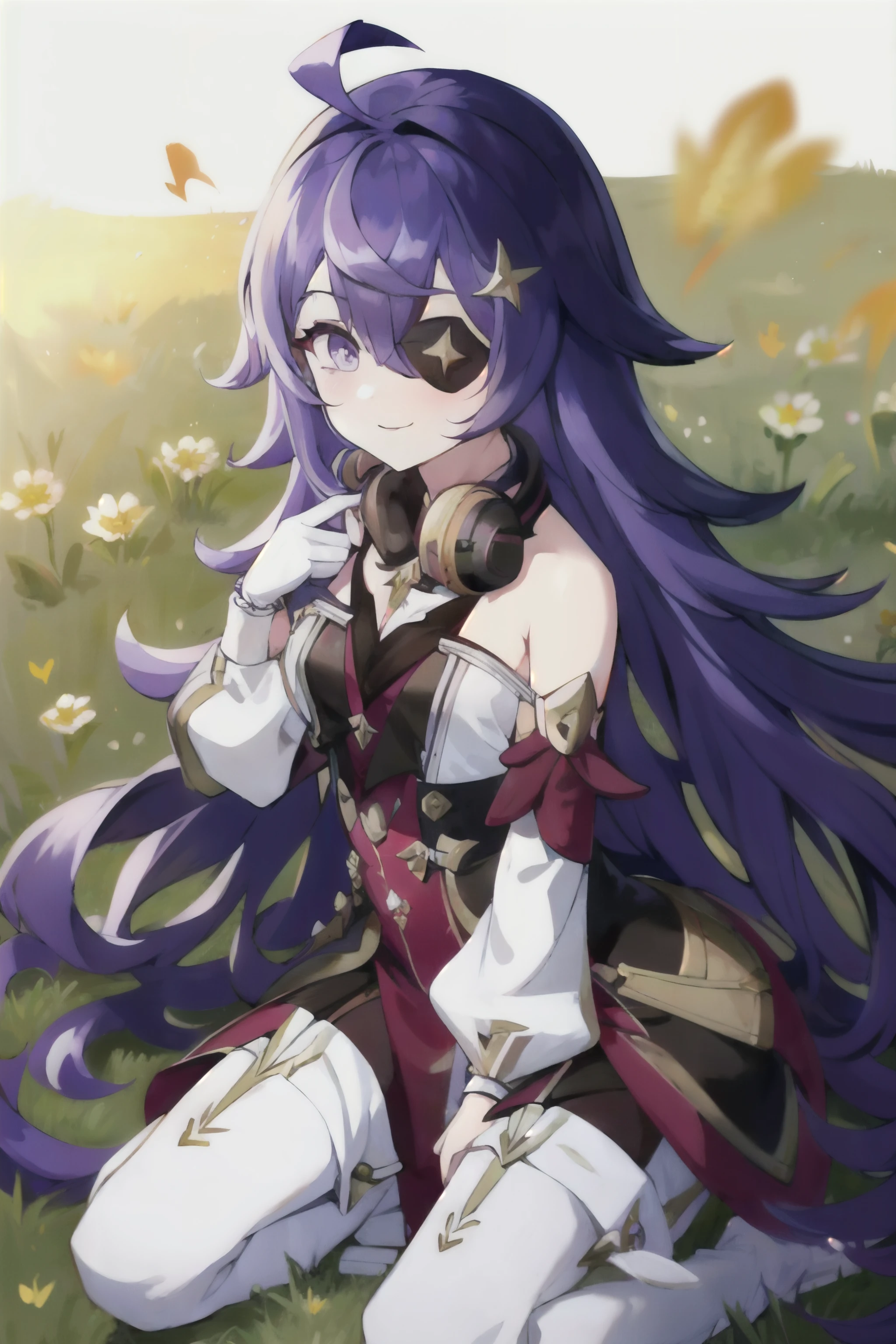 <lora:GoodHands-beta2:1>, masterpiece:1.1, best quality:1.2, highres, chevreuse, 1girl, purple_eyes, dress, eyepatch, ahoge, bare_shoulders, thigh_boots, thighhighs, very_long_hair, weapon, white_background, white_gloves, white_pupils, white_thighhighs, pantyhose, thigh_boots, headphones_around_neck, detached_sleeves, flower gloves, grass, hair_flower, hair_ornament, hand_on_own_chest, long_hair, looking_at_viewer, medium_breasts, outdoors, sidelocks, sitting, smile, white_flower, white_sleeves <lora:Chevreuse:1>