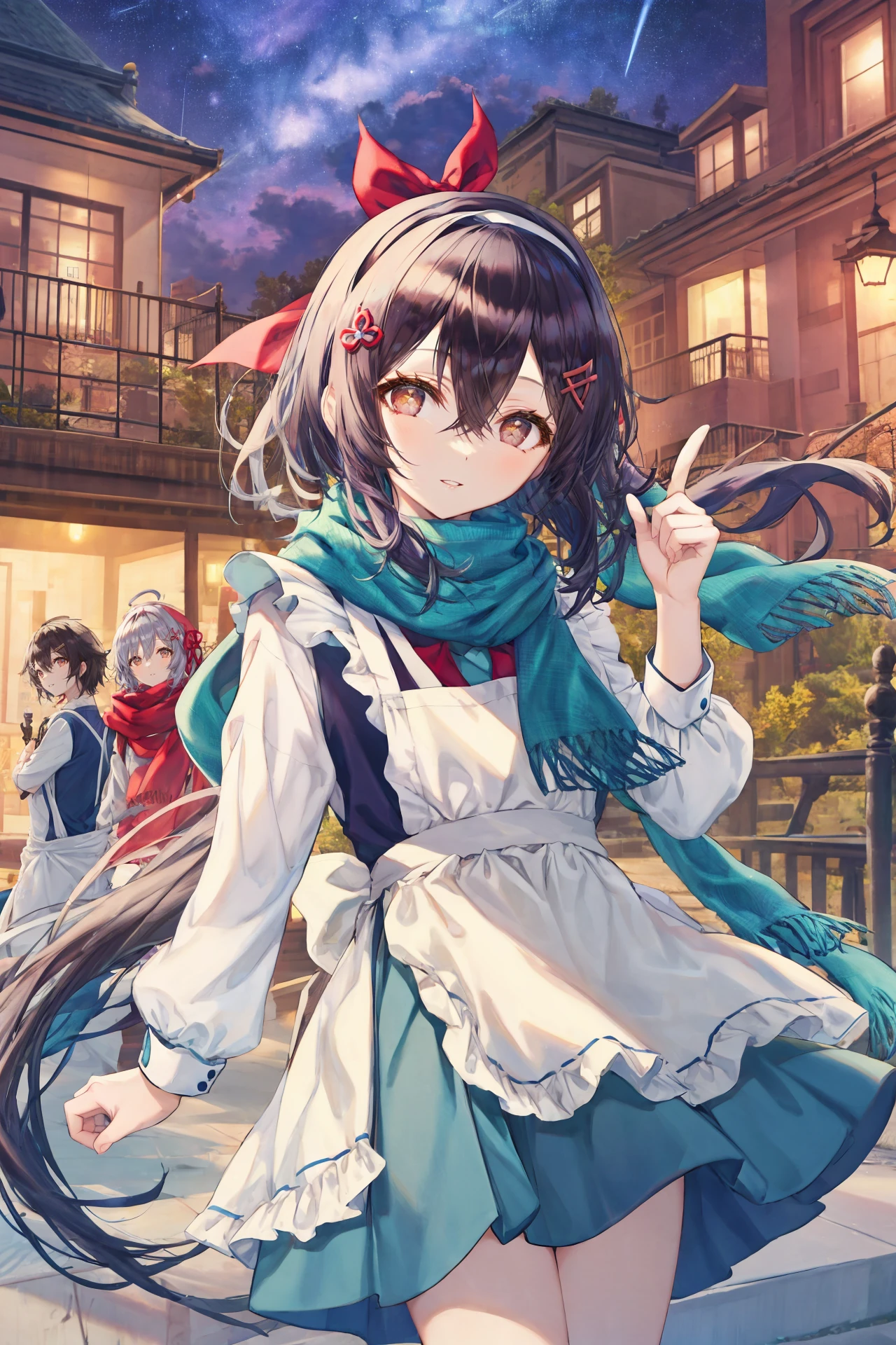 multiple girls, star (sky), sky, multiple boys, starry sky, skirt, shooting star, school uniform, black hair, outdoors, scenery, shirt, telescope, 4girls, short hair, night sky, night, dress, 2boys, white shirt, cloud, long hair, miyamizu mitsuha, 3boys, railing, black skirt, milky way, sunset, standing, white dress, pleated skirt, shoes, arm up, short sleeves, pointing, socks ,kozakura marry, long hair, 2girls, multiple girls, hair ornament, black hair, red scarf, dress, red eyes, white apron, apron, parted lips, tateyama ayano, ribbon, red ribbon, looking at viewer, scarf, blue dress, white hair, sleeve cuffs, hairclip, hair ribbon, red hairband, hairband, long sleeves, bangs, very long hair, frilled apron, frills, building, brown eyes, smile, hand up, hair between eyes, pink eyes, fence, collared dress, floating hair, upper body
<lora:TorinoEX-000062:1>, <lora:ç»ä¸½çå
å½±:0.2>,<lora:add_detail:0.35>, <lora:adaptedmodel:0.35>