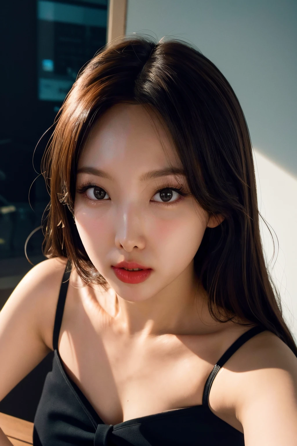 <lora:Twice Nayeon:1>, Nayeon, 1girl, solo, realistic, looking at viewer, photograph, photorealistic, beautiful and aesthetic, extremely detailed skin, extremely detailed hair, shadows, masterpiece, top quality, best quality, highres, ultra-high res, ultra-detailed, detailed lighting, high key lighting, vignetting,