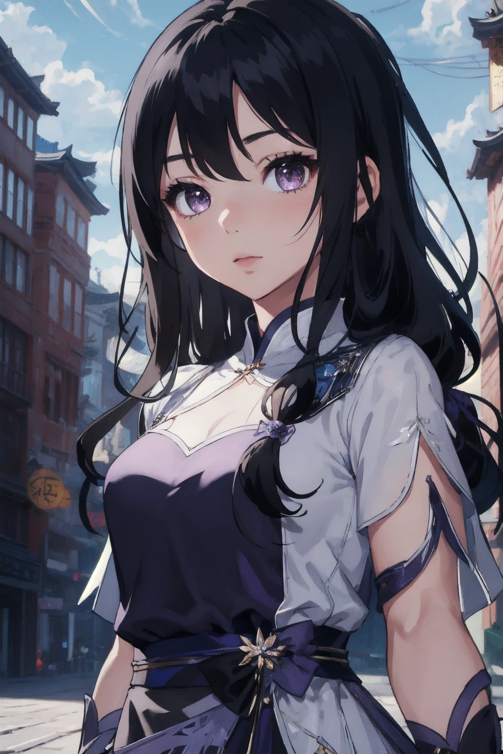 masterpiece,best quality,extremely detailed 8K wallpaper,1girl,lingyueru,black hair,long hair,purple dress,looking at viewer,upper body,