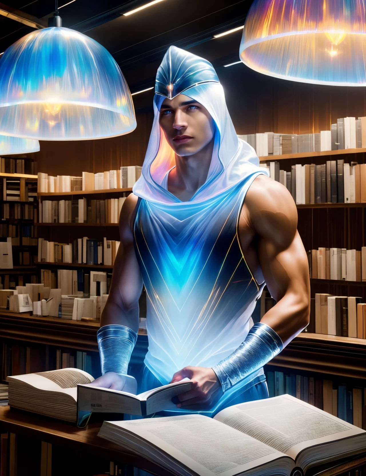 hyper detailed masterpiece, dynamic, awesome quality,DonMSp3ctr4l,vibrant spectral,male golden age strong, indigenous australian, light blue eyes, unlobed ears, protruding jaw, high cheekbones, angular forehead, , chestnut slicked-back undercut hair, sarcasm wearing Pouch Underwear, sleeveless hoodie, , wearing a hat, wearing a hat with a seductive look, adding a touch of mystery and allure, dramatic lighting, high contrasts and bold shadows to intensify emotions and create a passionate ambiance, a lively bookstore, with cozy reading nooks and book lovers browsing the shelves, factories, metal roofing sheets,sandstone,rubber roofing roof, gas lanterns,incandescent outdoor lamps, black lights <lora:DonMSp3ctr4l-000008:0.8>