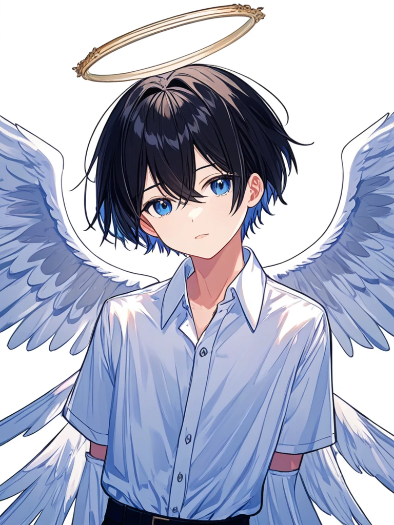 <lora:dan_1w:0.7>,solo,1girl,angel wings,pseudo impasto,flat color,white background,simple background,upper body,male focus,looking at viewer,short hair,white shirt,feathered wings,white wings,black wings,spread wings,winged arms,harpy,white feathers,