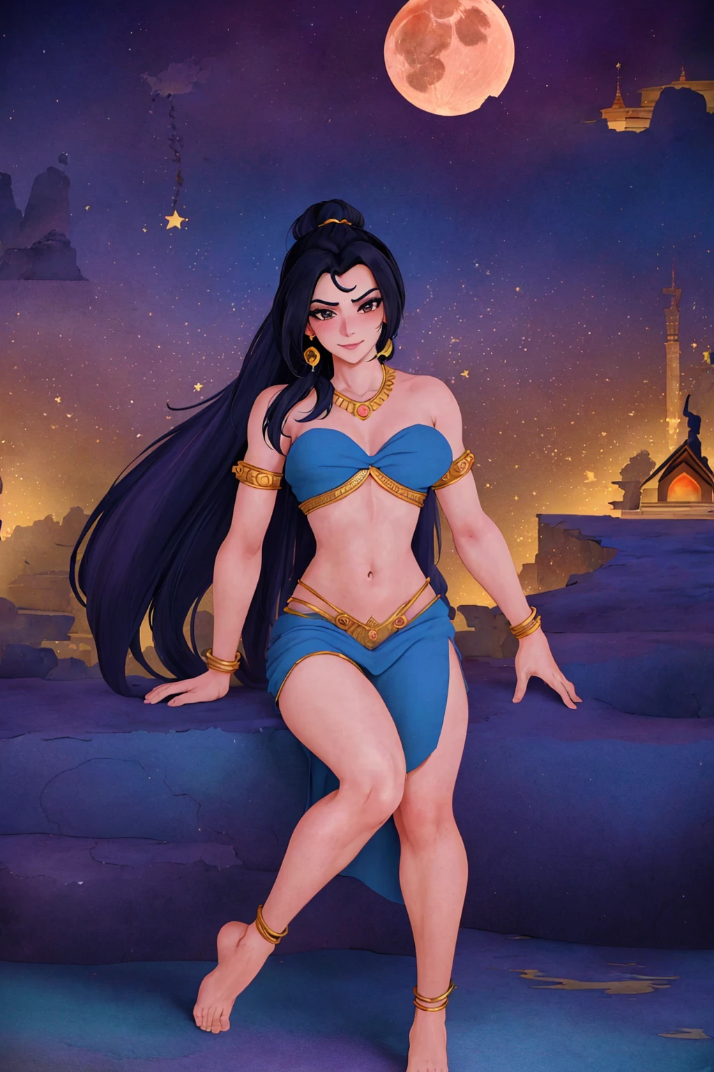 masterpiece, ultra-detailed, best quality, illustration, 8k cg wallpaper, an extremely delicate and beautiful, 1girl, Princess Jasmine /(Aladdin/), solo, perfect anatomy, smiling, blushing, dark skin, perfect arms, perfect hands, perfect fingers, perfect legs, cute, pretty, beautiful, sexy, perfect body, (background: Arabian city, Arabian buildings, night sky, moon, stars, intricately detailed items in background), <lora:Tengami:1>