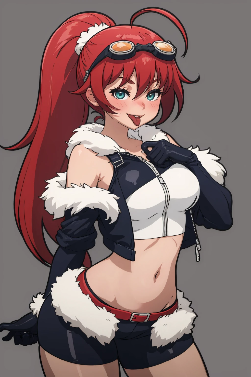 (masterpiece, best quality:1.2),  <lora:mikeinel:1>, mikeinel, 1girl, breasts, long hair, solo, shorts, gloves, elbow gloves, tongue, tongue out, navel, large breasts, red hair, ponytail, jacket, very long hair, black gloves, green eyes, ahoge, bike shorts, midriff, goggles on head, looking at viewer, eyewear on head, skindentation, :p, blush, fur trim, short shorts, simple background, goggles, crop top, bare shoulders, fur-trimmed jacket