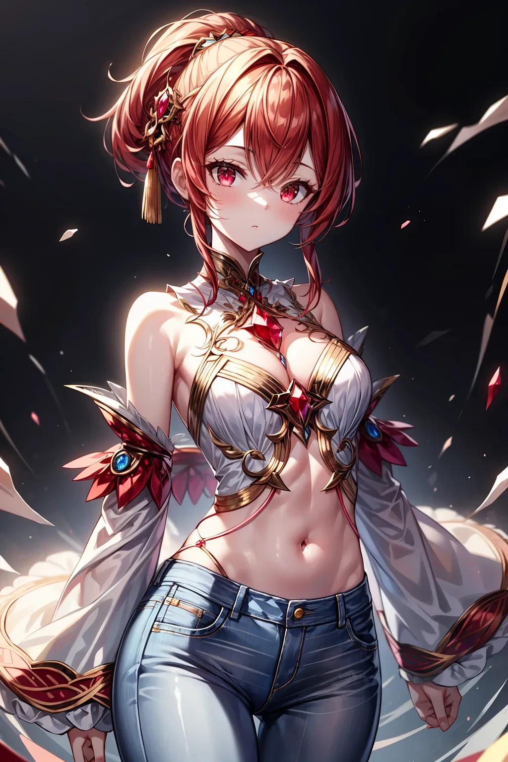 masterpiece, high quality, best quality, 1girl, mature female,<lora:edgEasternFantasy:0.7> edgEF, wearing edgEF eastern clothing, <lora:EmbeddedJewel:0.7> EmbeddedJewel, chest jewel, red gemstone, soul gem, (white shirt, jeans), <lora:add_detail:1>, upper body, cowboy shot,
