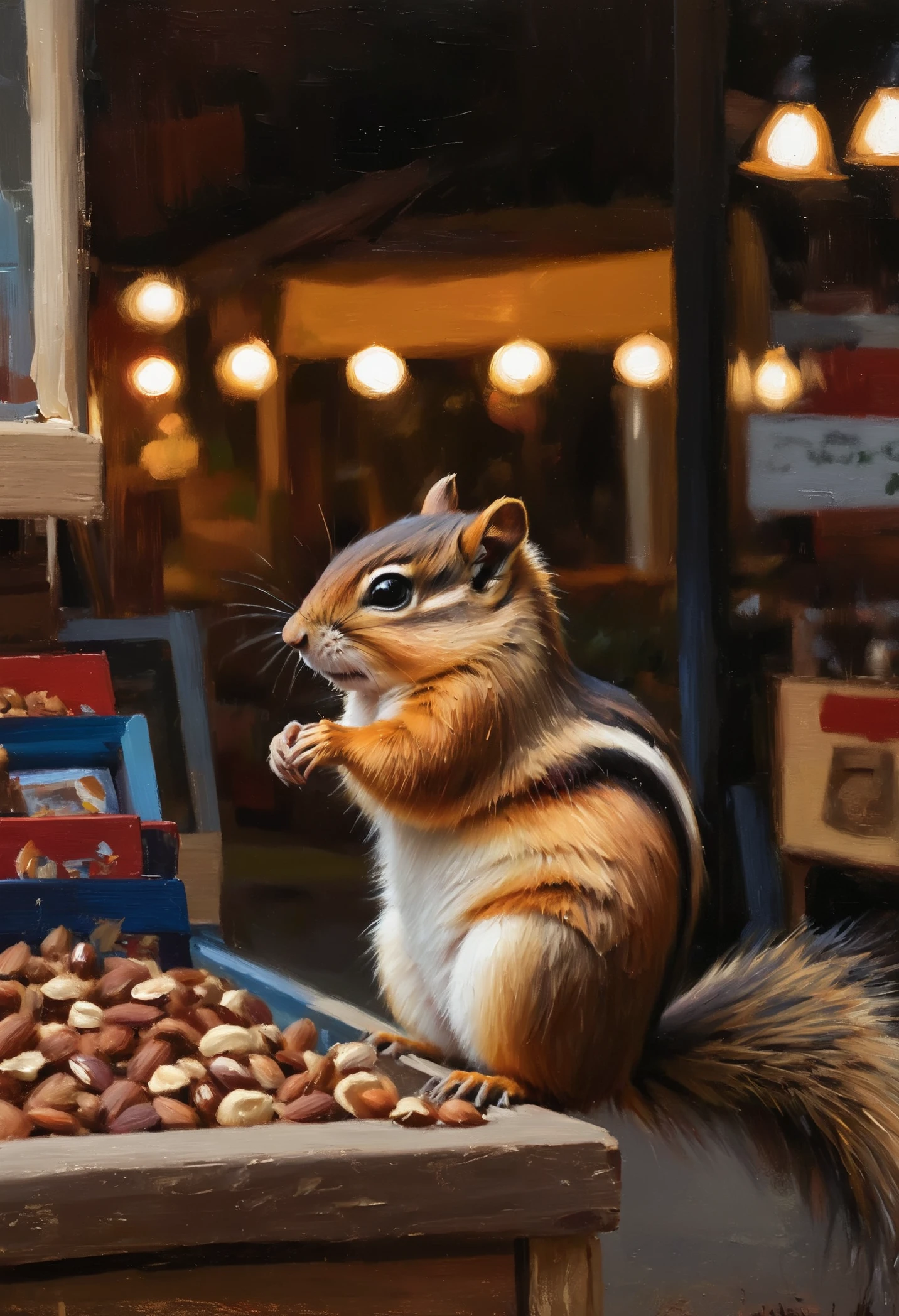 (impressionistic realism by csybgh), a chipmunk found her way into a shop selling nuts, mischievous, rural town in Canada, masterpiece, 8k, hyper detailed, impasto painting, rough brushwork, palette knife painting, visible canvas texture