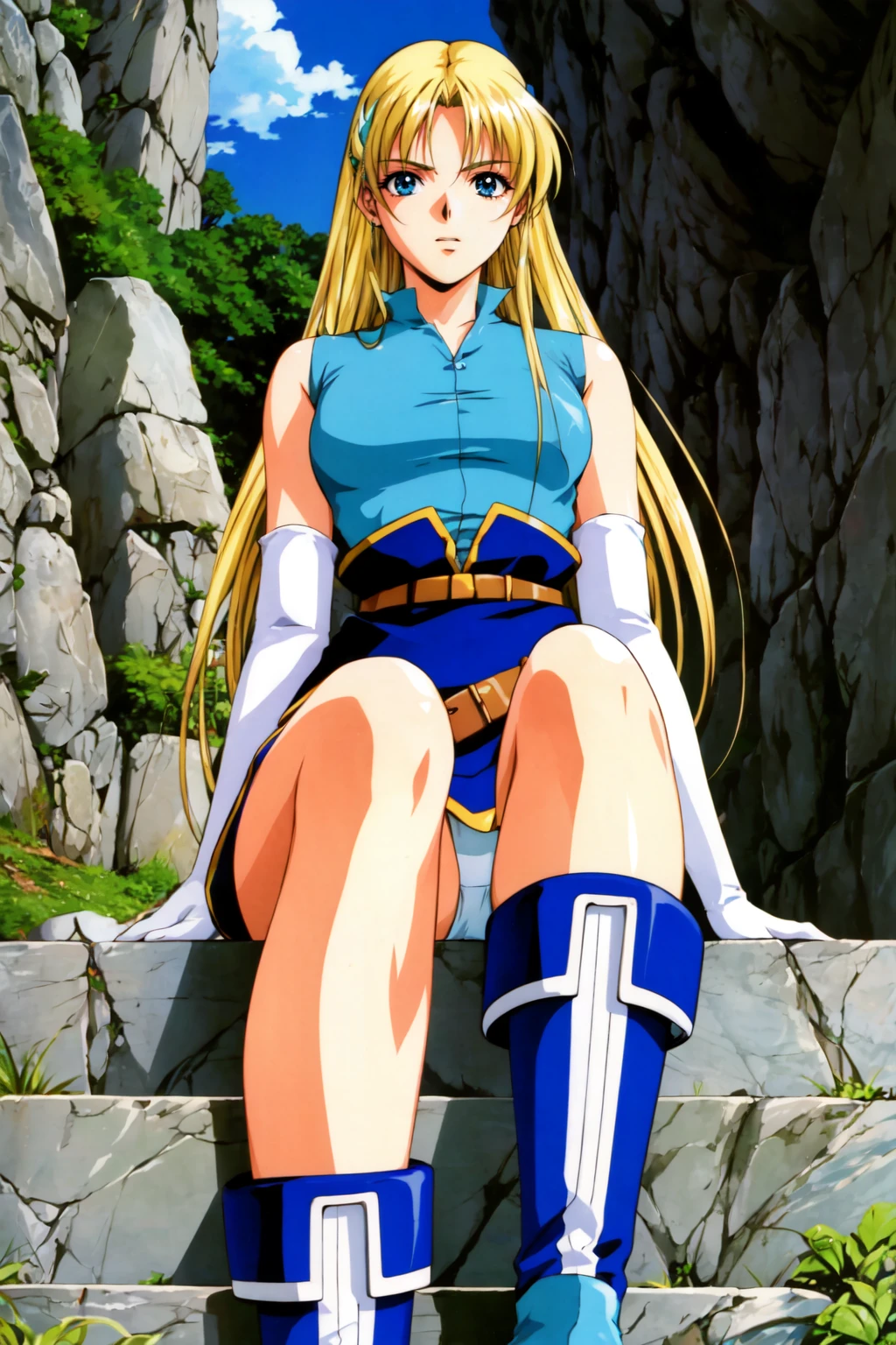 sharonwor, 1girl, solo, hair ornament, sleeveless dress, elbow gloves, belt, knee boots, retro artstyle, sitting, blue footwear, 1990s (style), from below, stairs, stone wall, sky, cloud, white panties <lora:sharonwor_V3-10:0.75>
