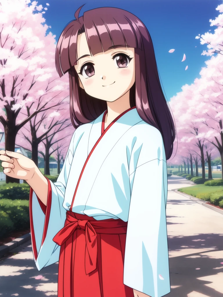 <lora:SakuraiMiyuri:0.8> SakuraiMiyuri, cowboy Shot, smile, happy, child,
japanese white clothes, miko, red hakama, shrine, cherry blossom,masterpiece, best quality, high-res, POV, knk, blunt bangs, sidelocks, head tilt,