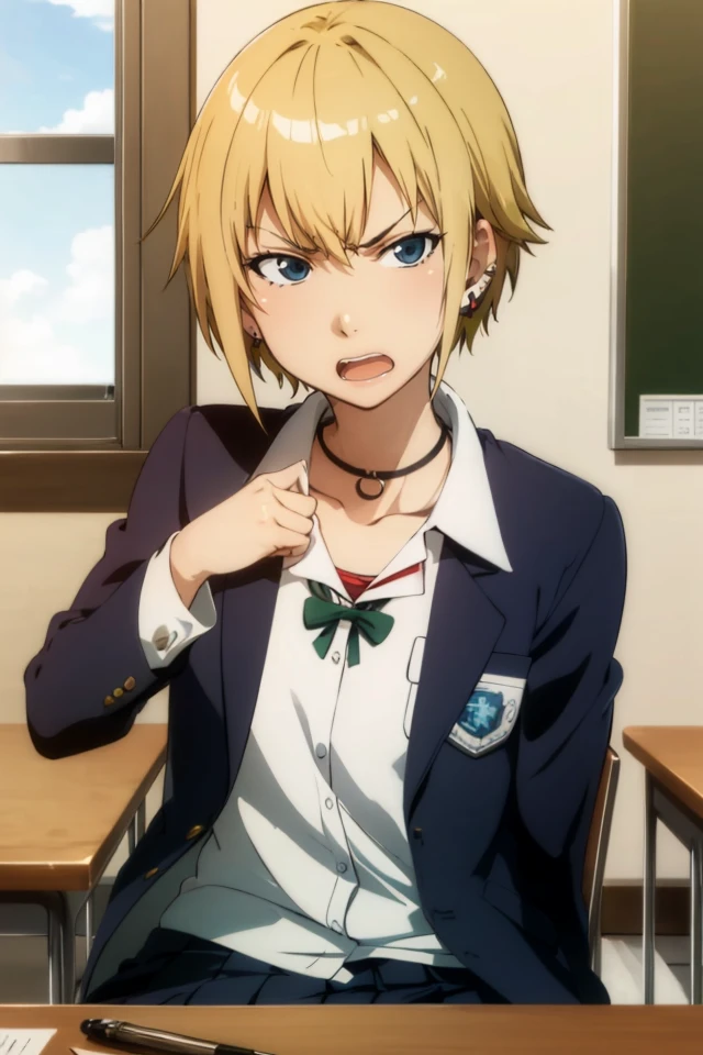 masterpiece, extremely detailed,anime, perfect lighting,1girl, solo, <lora:konsenpai1st_e05:0.8>konsenpai,school uniform, blue jacket,classroom,sitting,choker, green bow,looking at viewer, angry,frown,annoyed,upset, open mouth,wide-eyed,fist pump,earrings,upper body,