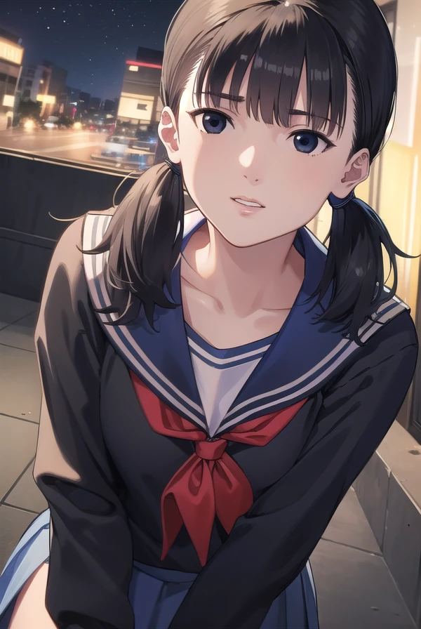 taekojima, <lora:tae kojima manga-lora-nochekaiser:1>,
tae kojima, bangs, twintails, black hair, (black eyes:1.5), low twintails,
BREAK serafuku, school uniform, shirt, blue shirt, blue sailor collar, long sleeves, skirt, blue skirt, neckerchief, red neckerchief,
BREAK outdoors, city, night, sky, starry sky, moon,
BREAK looking at viewer, (cowboy shot:1.5),
BREAK <lyco:GoodHands-beta2:1>, (masterpiece:1.2), best quality, high resolution, unity 8k wallpaper, (illustration:0.8), (beautiful detailed eyes:1.6), extremely detailed face, perfect lighting, extremely detailed CG, (perfect hands, perfect anatomy),