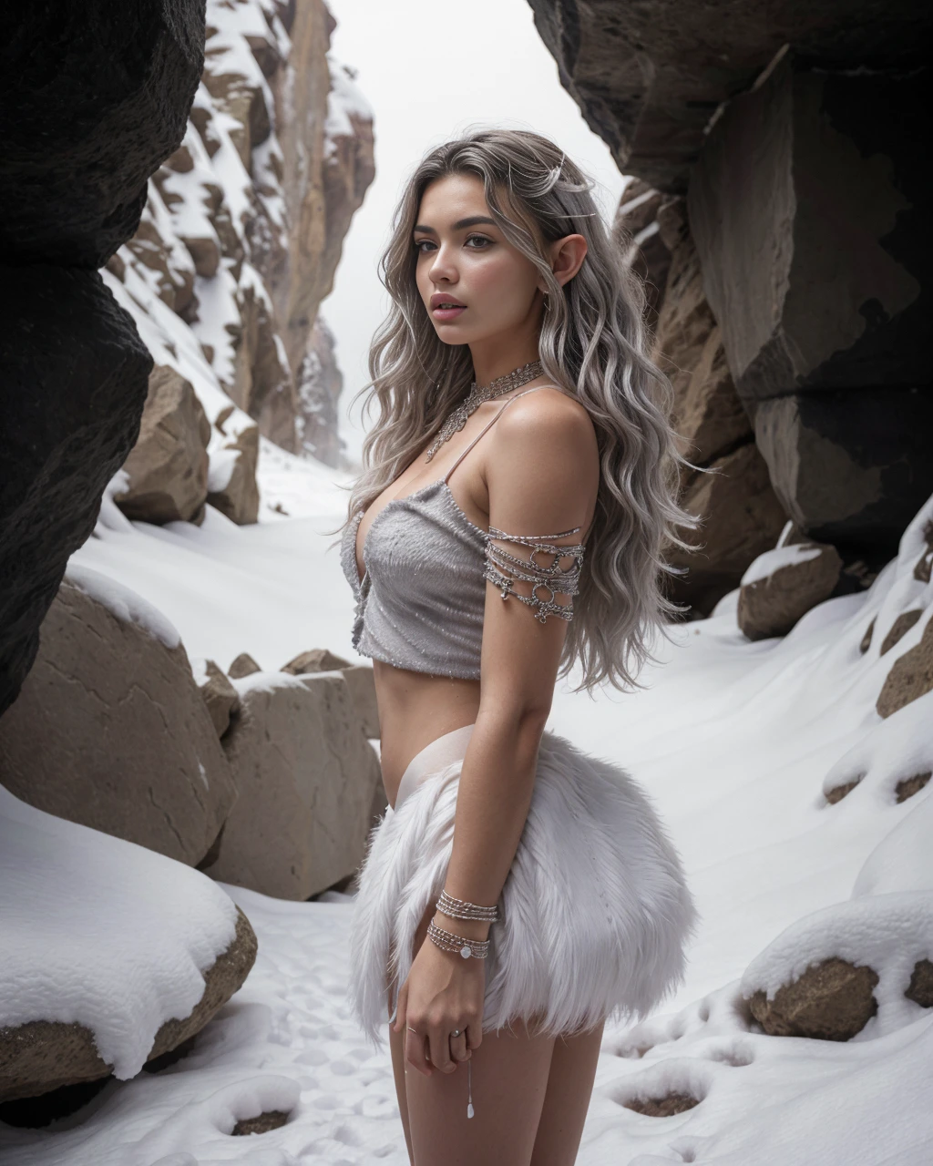 (outdoor scene: young barbarian princess DV_Carmen_Vicious standing in a snow covered narrow canyon between snow covered large rocks), (medieval fantasy theme:1.1),
nsfw, (wide spread legged stand:1.3), (clowd covered evening sky:1.2), (snow storm blowing:1.3), stormclouds, at night, 
small pussy, (naked hips:1.1), (elf ears:1.3), (small breasts:1.3),
(long wavy black hair:1.2), messy hair, tangled hair, fur clothing,
(revealing tattered white fur loincloth skirt:1.3), (white tattered fur crop top:1.4), tattered loincloth, tattered fur crop top,
((high:1.4) white fur boots:1.3), (gripping a large quatestaff with purple crystal tip:1.3),
(intricate ornate silver jewelry, saphires, silver bracelets, silver necklace, silver upper arm bracelets:1.2),
deep cleavage,
masterpice, award winning, (photorealistic:1.3), 16k, UHD, cinematic shadows, best quality, ultra highres, hyperrealistic, full body, from side,
<lora:ahx_v1:0.4>. <lora:GodPussy1 v4:0.2>, , <lora:more_details:0.4>, <lora:Poking Nipples by Stable Yogi:0.3>,