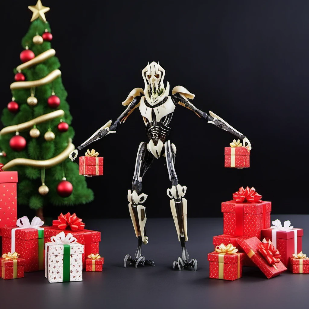 GeneralGrievous1024, a robot with four arms holding gifts, full body, christmas scenery, garlands, gifts, christmas tree, features intricate detail, detailed eyes, highly detailed, photography, ultra sharp, film, bokeh, professional, 4k <lora:GeneralGrievous1024:0.8>
