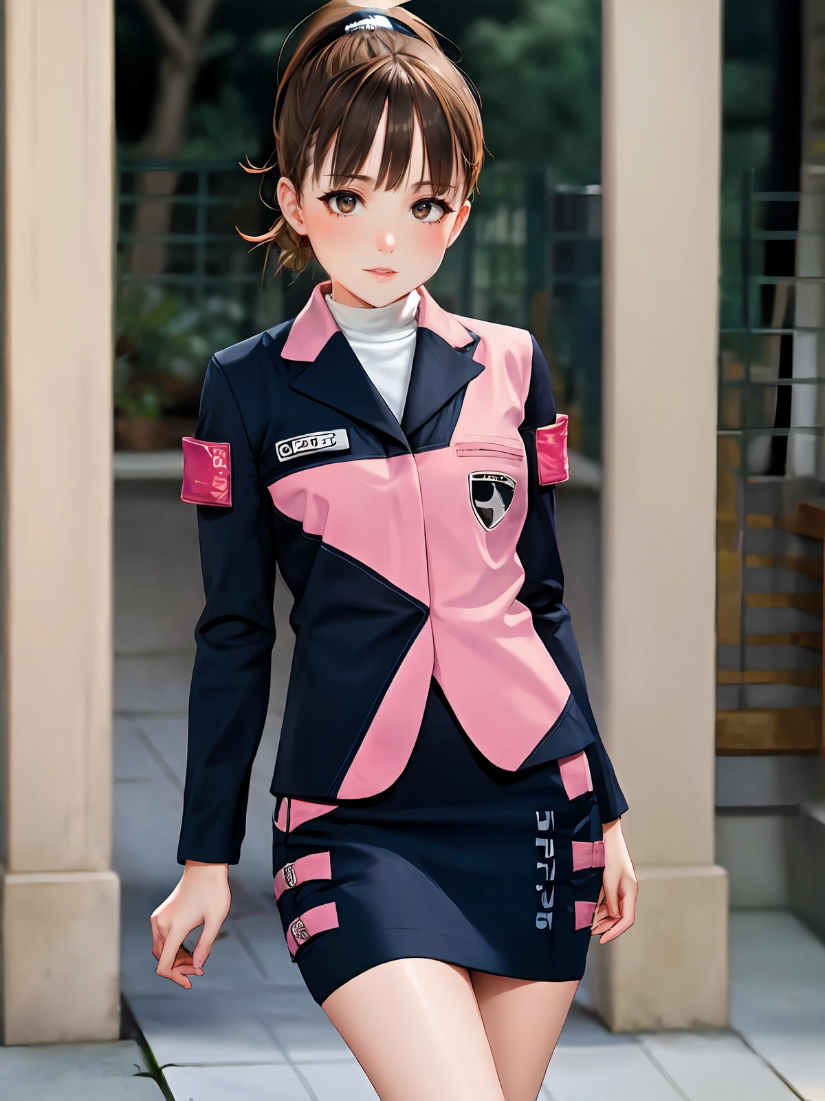 ((masterpiece,best quality)) (extremely detailed CG), (raytracing) (best quality), perfect face, shiny skin, lustrous skin, , depth of field,wide hips, narrow waist,  <lora:Umeko-10:0.8>umeko, brown hair, skirt, ponytail, jacket, boots, pencil skirt, uniform, brown eyes, long sleeves, short hair, black footwear, star (symbol), blush, bangs, armband,indoors,