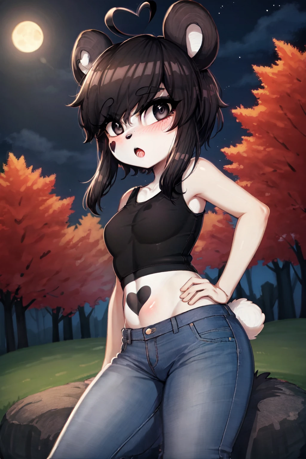 kenny \(kenashcorp\), 1girl, (panda, panda girl,), furry, panda ears, heart ahoge, animal nose, black fur, white fur, black arms, black legs, eyes makeup, black eyes, panda tail, cheek heart, black hair, medium hair, :o, blushing, black tank top, crop top, denim pants, outdoors, forest, night, leaves, autumn, <lora:Kenny_Ashcorp:1>,