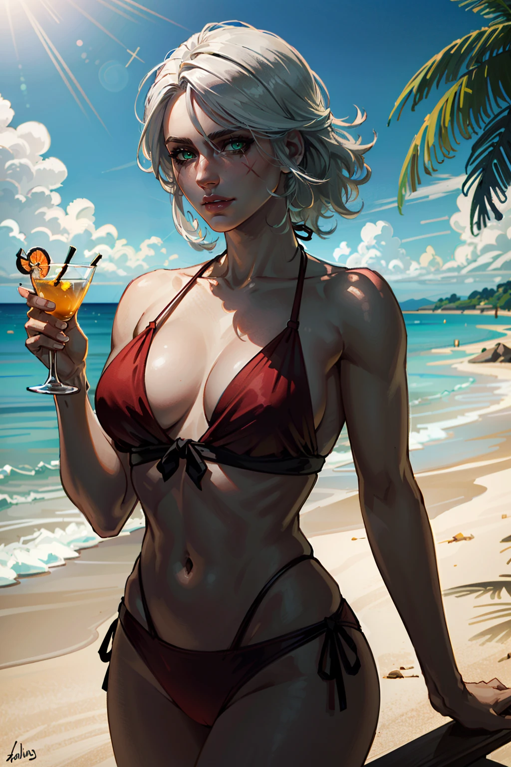((ultra detailed, masterpiece, best quality))
<lora:W3Ciri:0.8>
W3Ciri, 1girl, solo, white hair, green eyes, scar on face, at a beachside resort, bikini, holding a colorful cocktail