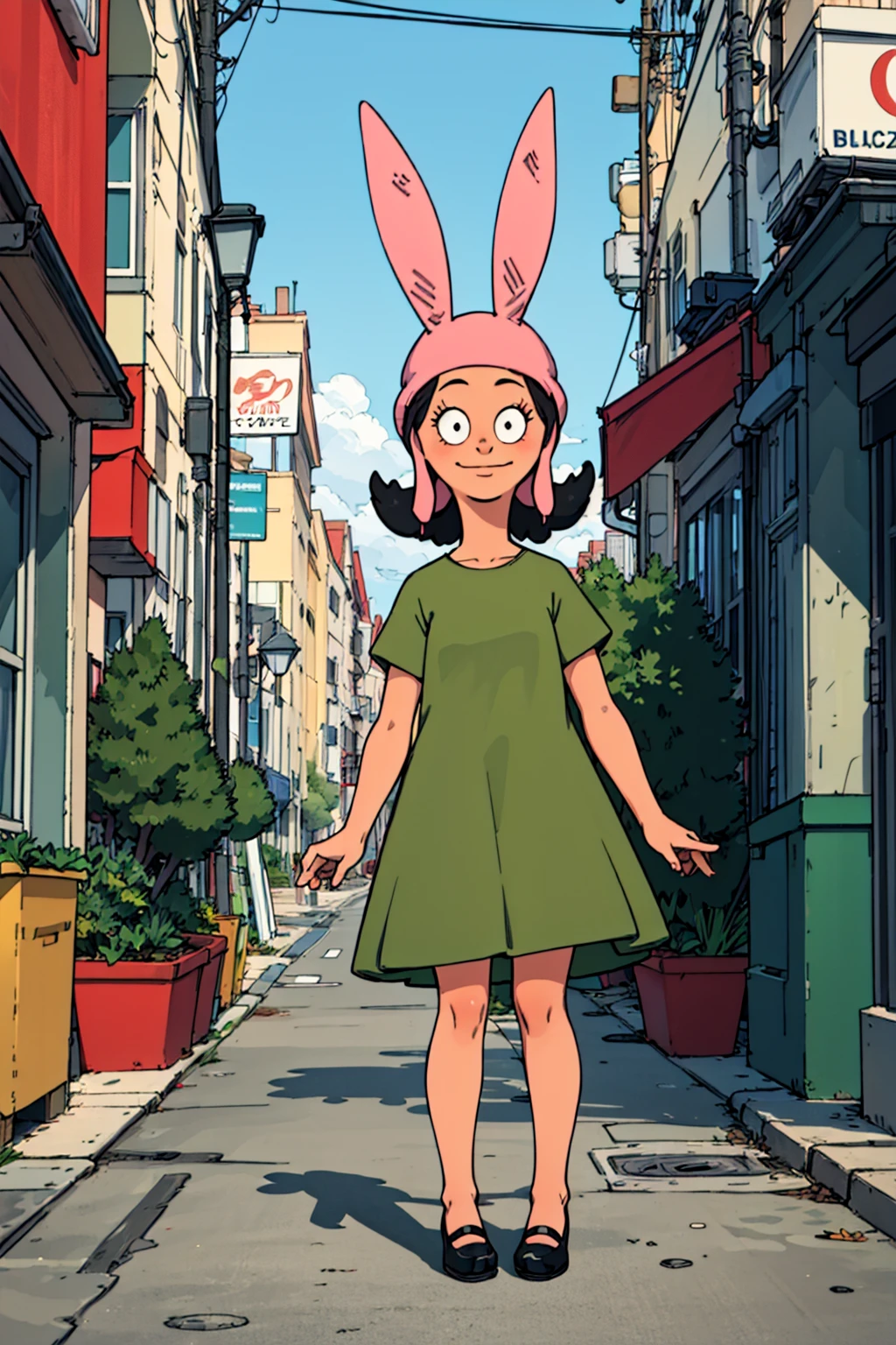 louise, 1girl, solo, rabbit ears, animal ears, black hair, smile,green dress, hat,looking at viewer, black footwear, <lora:louise-000008:0.6>