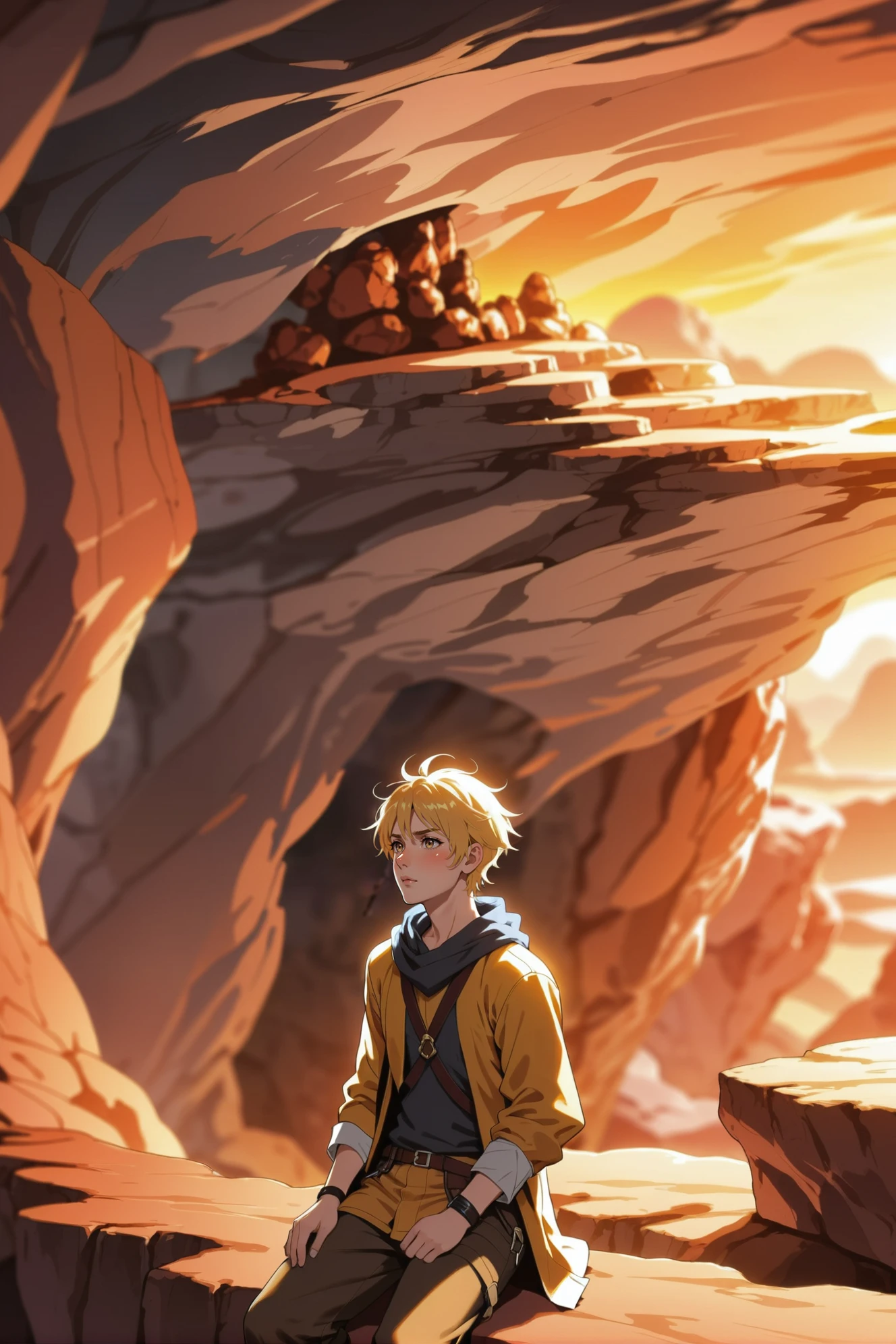anime style, <lora:EnvyAridModernismXL01:1><lora:EnvySendNoodzXL01:-1>1boy, man, ruggedly handsome, golden hour, scenery, in a Enigmatic Cave<lora:EnvyBetterHiresFixXL01:0:hr=1>