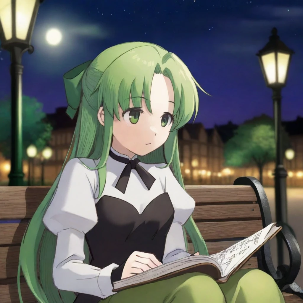 <lora:lcm-lora-sdxl:1> <lora:fiaa-000045-antes:0.75> close up, adult, Fiaa, reading musical sheets, looking at musical sheets, sitting on a park's bench at night, cloudy night sky, being lit by a street lamp, fingerless mittens, long hair and loose (light green:0.5) hair, (light green:0.5) ribbon on her hair, puffy long sleeves (white:0.5) shirt, closed strapless (black:0.5) vest over the (white:0.5) shirt, (long green skirt with white embroidery:0.75), a city park and a theater at night in the background