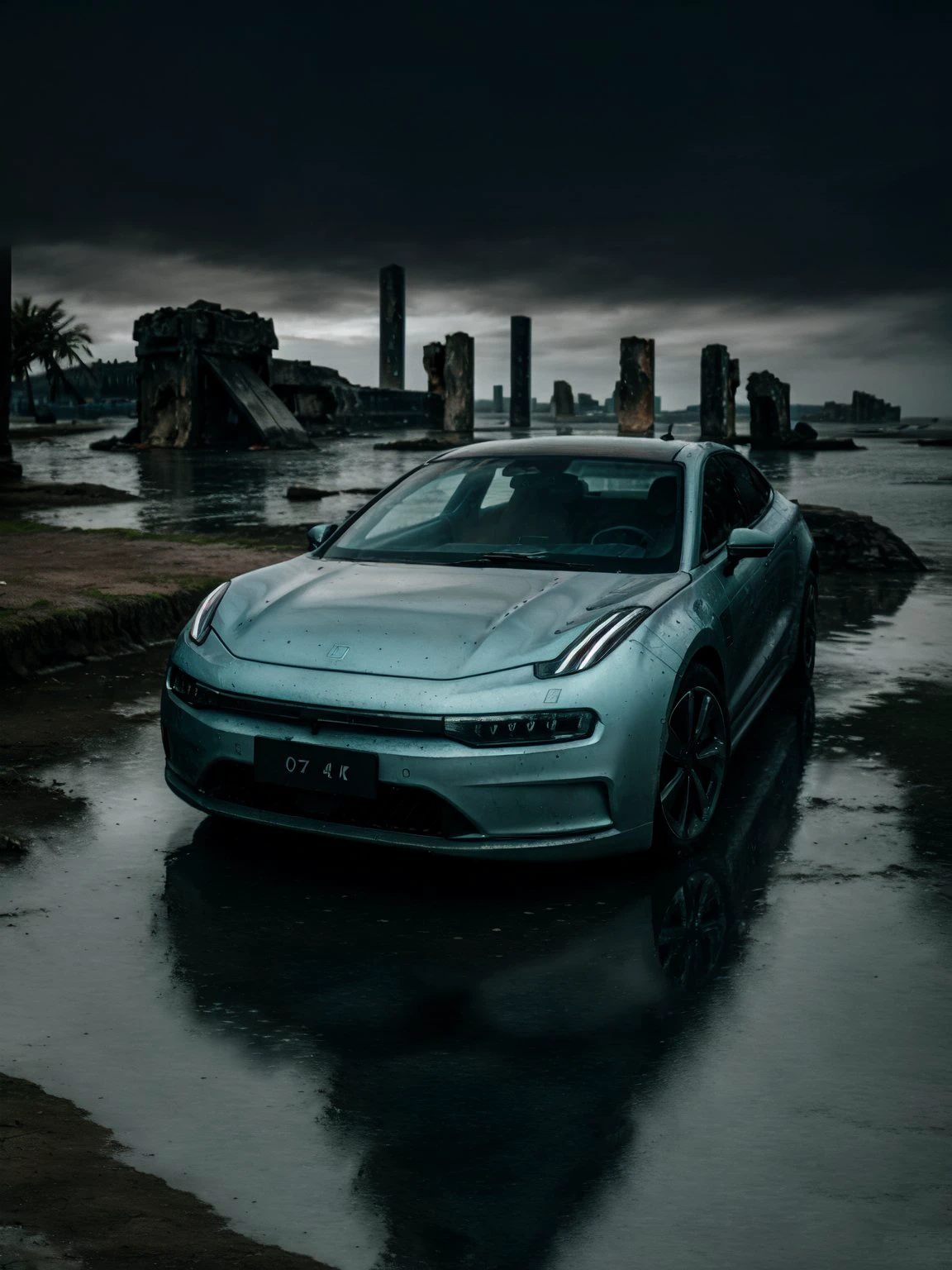 zeekr001, 1car, ((island sanctuary)), ((ancient fallen kingdom)), ((reflections in water)), ((raytracing)), ((drowned city)), , <lora:Zeekr001:0.7>, slate atmosphere, cinematic, dimmed colors, dark shot, muted colors, film grainy, lut, spooky