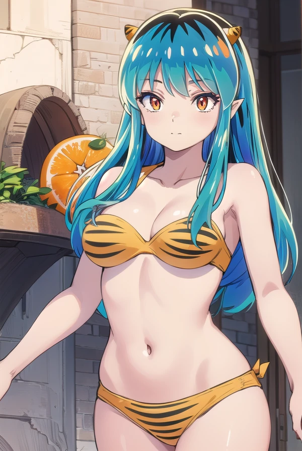 uruseiyatsuralum, <lora:urusei yatsura lum s1-lora-nochekaiser:1>,
lum, long hair, bangs, blue hair, (orange eyes:1.5), horns, pointy ears, aqua hair, oni horns, eyeshadow, smile, (small breasts:1.2),
BREAK navel, cleavage, swimsuit, bikini, strapless, animal print, (yellow bikini:1.5), tiger print, strapless bikini,
BREAK outdoors,
BREAK looking at viewer, (cowboy shot:1.5),
BREAK <lyco:GoodHands-beta2:1>, (masterpiece:1.2), best quality, high resolution, unity 8k wallpaper, (illustration:0.8), (beautiful detailed eyes:1.6), extremely detailed face, perfect lighting, extremely detailed CG, (perfect hands, perfect anatomy),