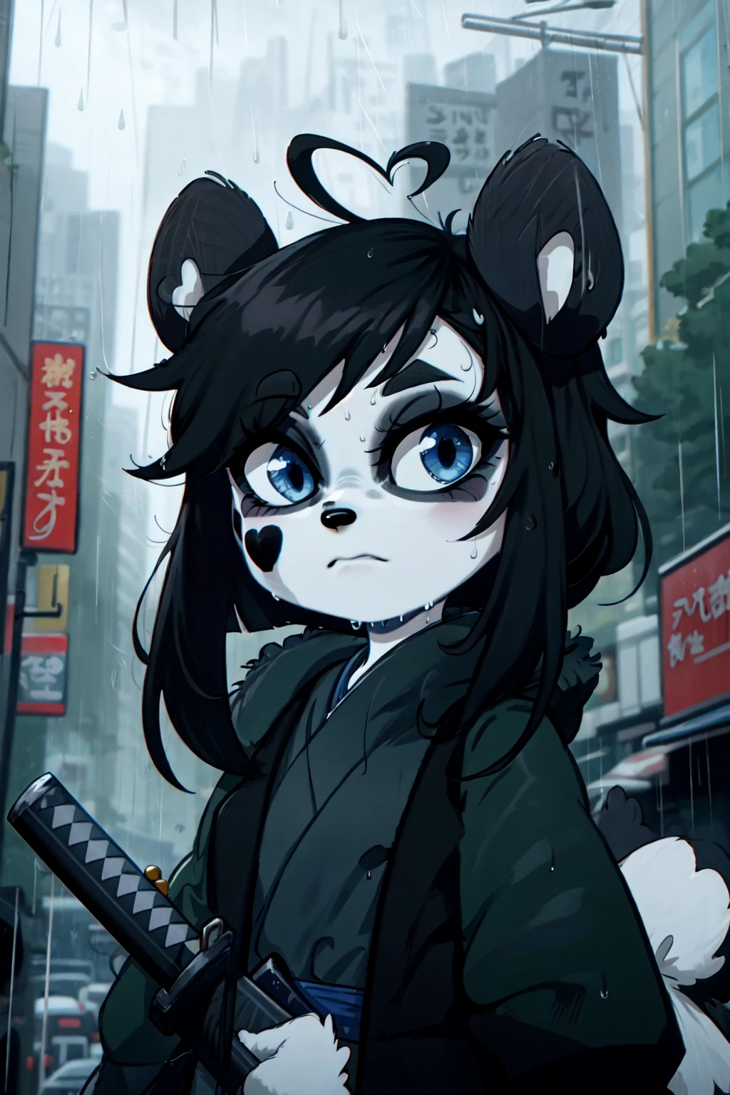 kenny \(kenashcorp\), 1girl, (panda, panda girl,), furry, panda ears, heart ahoge, animal nose, black fur, white fur, black arms, eyes makeup, blue eyes, panda tail, cheek heart, black hair, medium hair, black coat, long coat, outdoors, city, night, rain, raining, wet, holding katana, katana, expressionless, upper body, squinting <lora:Kenny_Ashcorp:1>,