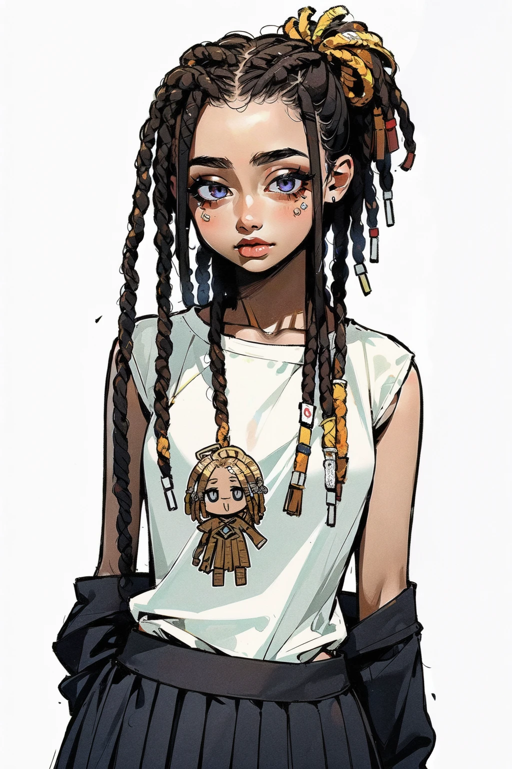 (masterpiece, highres, detailed),upper body,<lora:africandreadlocks:0.9>,(dreadlocks:1.5),AS-Youngest,1girl,<lora:DarkCabalChibiStyle:0.6>,chibi,white background,simple background,