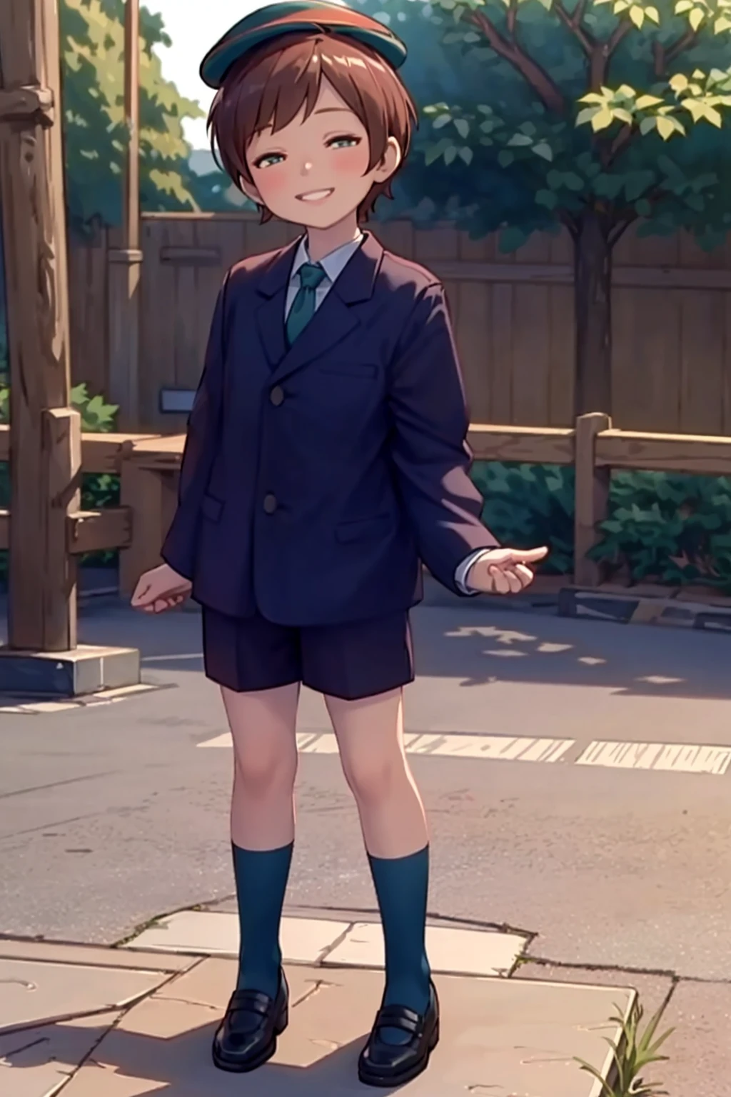 masterpiece, best quality, highly detailed, (perfect lighting, photorealistic:1.5), 1boy, mannequin, <lora:Mikey_Fuccon_v1-000185:0.9>, (full body:1.5), (residential street:1.2), (very short hair:1.5), brown hair, swept bangs, (blue jacket:1.3), necktie, blue shorts, green striped socks, black shoes, green hat, multicolored clothes, multicolored legwear, big smile, teeth, blue eyes, forehead, (open mouth:0.3), standing,