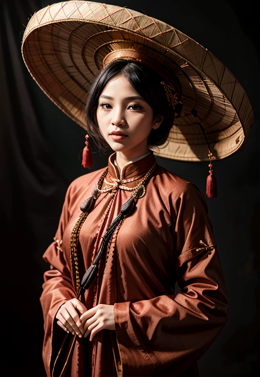 1 girl,18 century, ao dai, loosing outfit, dark color, UHD, 4k, big hat, 