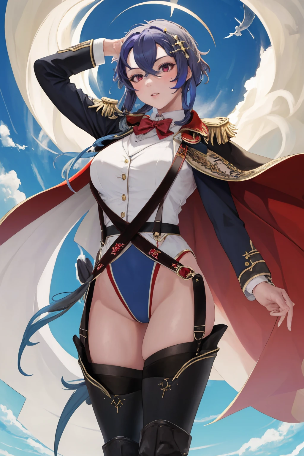 masterpiece, best quality, 1girl, solo, <lora:foch-al-richy-v1:1> fochdef, hair ornament, epaulettes, cape, long sleeves, jacket, leotard, criss-cross suspenders, thighhighs